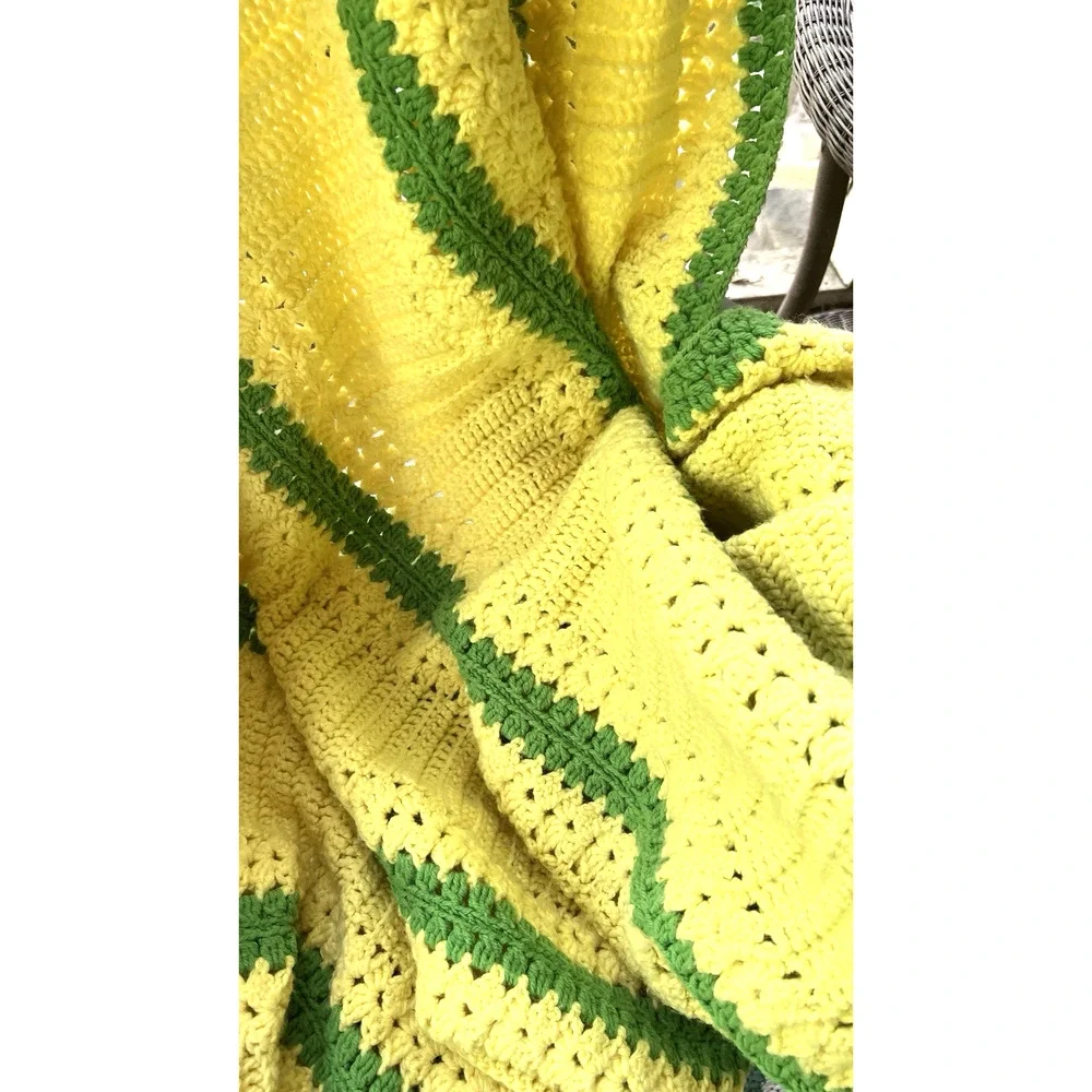 Yellow Green Crochet Afghan Cover Blanket 71